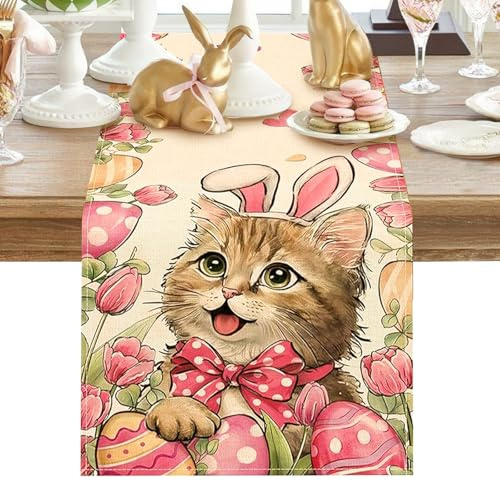 Shyllin Ostern Tischläufer, Frühling Modern Osterdeko, Tischdeko Ostern Dekoration, Oster Hase Osterei Blumen Tischläufer Tischwäsche Table Runner für Drinnen & Draußen Party Küche Esstisch 33x183cm
