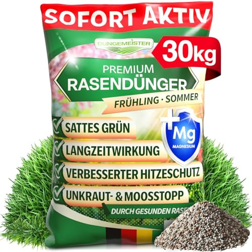 DÜNGEMEISTER Rasendünger für Ihren sattgrünsten Traumrasen - gesunder, dichter und sattgrüner Rasen sofort mit revolutionärer KI Formel - Langzeit NPK/Organisch Frühjahr/Sommer (30 kg)