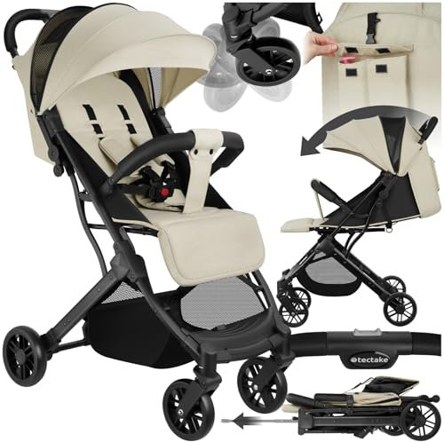 tectake® Carrito de Bebé, Silla de Paseo Plegable, Cochecito Bebés de 0-36 Meses, Arnés de 5 Puntos, Respaldo y Reposapiés Ajustables, Carro de Bebé Compacto, Carrito de Paseo Bebés - gris/beige
