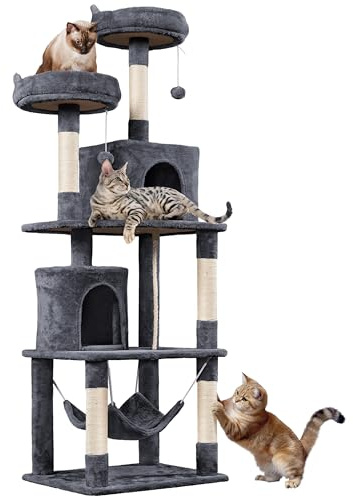 Yaheetech 179 cm Cat Tree for Large Cats with 2 Condos, Dark Grey | Cat Tower for Indoor Cats, Multi-Level Cat Scratching Post, 2 Perches, Hammock, Dangling Ball, 61x 49cm Base