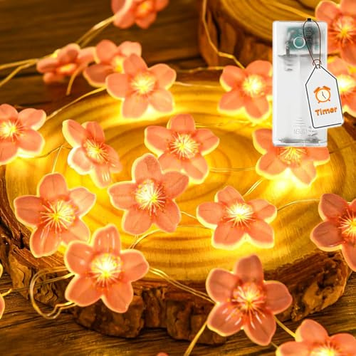 ALEGRE® LED Lichterkette Kirschblüten mit Timer, 2M 20 LED Rosa Lichterkette Blumen, Kirschblüten Deko Lichterketten Innen Außen, Lichterketten mit Timer für Hochzeit,Schlafzimmer,Garten,Frühling Deko