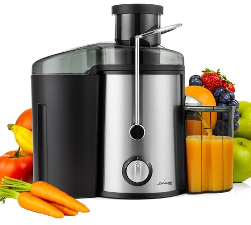 LEHMANN Centrifugeuse Extracteur de Jus, Préparation Rapide, Goulotte large de 65mm, Récipient à Pulpe 1,5L et Récipient à Jus 450ml, 2 Vitesses, Machine à Jus pour Légumes et Fruits