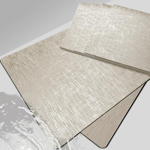 Hochwertige Platzsets leder mit mitierter Metallglanz, Platzdeckchen rutschfester, Tischuntersetzer abwaschbar-hitzebeständig-zuschneidbar. 6er Set Tischsets Abwaschbar aus Kunststoff für Outdoor