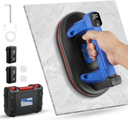 Ventosa con Batería para Azulejos, Vidrio y Mármol, Capacidad de Carga de 300 kg Ventosa Eléctrica con Pantalla LCD, 2 Motores y 2 Baterías de 2000 mAh, Rellenado Automático de Aire, 24 cm de Diámetro