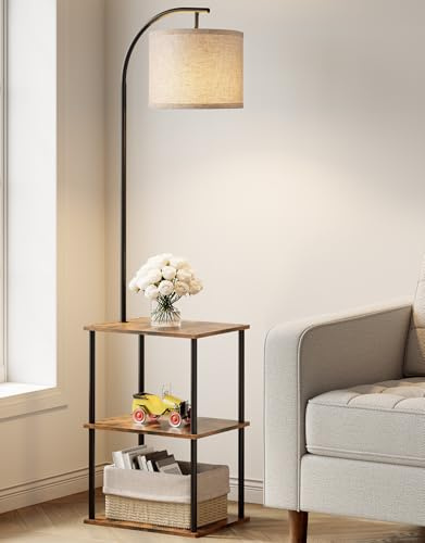 PARTPHONER Floor Lamp with Table, Night Stand with Lamp, Narrow Side Table with 3CCT LED Bulb, Small Coffee Table, Modern End Table with Storage Shelves for Living Room Bedroom Home Décor