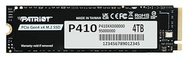 Patriot P410 4TB Internal SSD - NVMe PCIe Gen 4x4 - M.2 2280 - Sequential Read: Up to 5,000MB/s and Sequential Write: Up to 4,500MB/s - PS5 Compatible - Solid State Drive - P410P4TBM28H