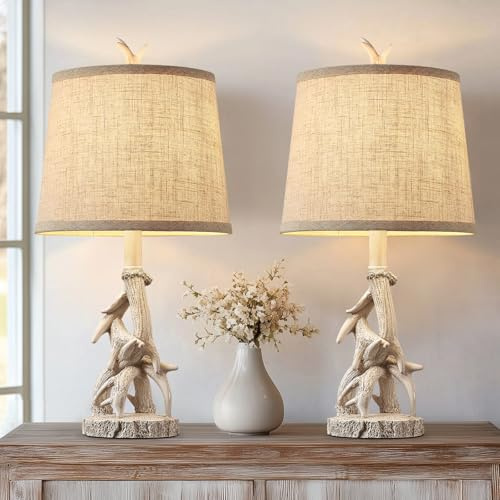 HUITICO 23'' Farmhouse Table Lamps for Bedroom Rustic Deer Antler Table Lamps Set of 2 Bedside Nightstand Lamp Western Log Cabin Lamp for Living Room Study Room Desk, White
