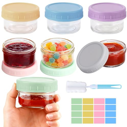 Amentalove 6 Stück Salatdressing Behälter 80ml, 2.7oz Glas Kleine Dosen mit Deckel, Auslaufsichere Dressing Behälter mit Bürsten Aufkleber, Klein Glasbehälter mit Deckel für Snack Dips Salat Gewürze