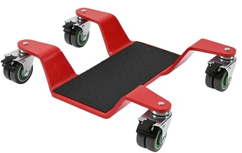 TRUTZHOLM Rangierhilfe für Motorrad mit Hauptständer Tragkraft 450 kg Rangierplatte extra-flach mit 4x Doppenrollen 360° schwenkbar und 4x Feststellbremse Rangierroller 10 mm dicker Stahl in rot