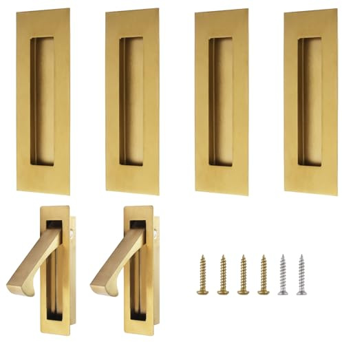 UFURMATE 2 st infällda dörrdrag och 4 st 15 cm kantdragningar rostfritt stål infälld ficka dörrhandtag set skjutdörr draghårdvara för garderob (borstat guld, stor storlek)