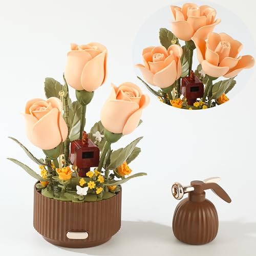Electric Flower Bouquet Building Set 255PCS – Motorized Blooming Roses Flowers Botanical Kit, DIY Bonsai Style Bouquet of Flowers – Unique STEM Gift for Kids&Adults, Room & Desk Decor (Orange)