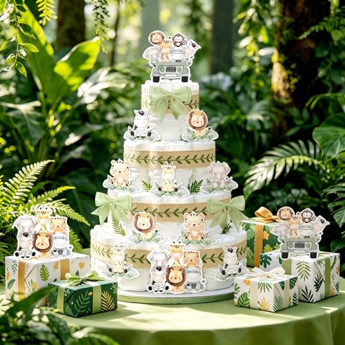 Dschungel Windeltorten Set Safari Windeldekoration mit Tierausschnitten | Dschungel Windeltorten Set Safari Windeldekoration mit Tierausschnitten und grünem Blattmuster Band für Babypartys und Gender