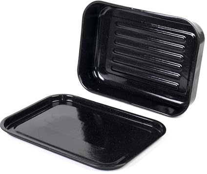 Russell Hobbs Romano Roaster and Baking Tray Set - 42/40 cm Vitreous Enamel Ovenware, Dishwasher Safe, Sunday Roasts, Easy to Clean, Deep Roaster, Oven Sheet, Pastries, Black