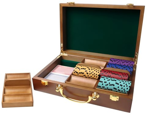 GSE Games & Sports Expert Wooden Poker Chip Case with 3 Chip Trays, Casino Grade Chips Holder for Poker Chips, Holds 300 Chips (Walnut)
