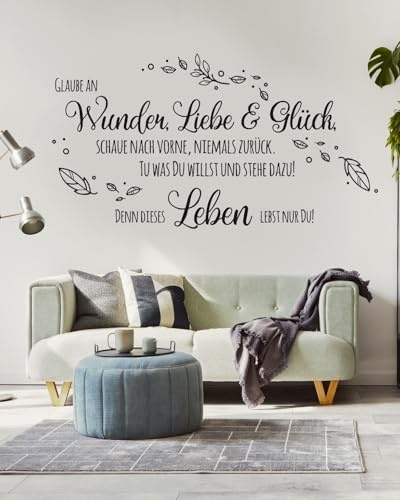 tjapalo® pkm489 wandtattoo glaube an wunder liebe und glück Wandtattoo Wohnzimmer Spruch Wandsticker Glaube Wandaufkleber sprüche, Farbe: Schwarz, Größe: B130xH58cm