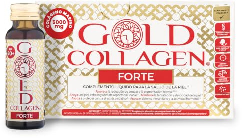 GOLD COLLAGEN Forte - Complemento de Colágeno Marino Hidrolizado Antiarrugas para Sistema Inmunitario con Vitamina C y Ácido Hialurónico, Biotina para el Cabello Piel y Uñas 1 Caja 10 Botellitas 50 ml