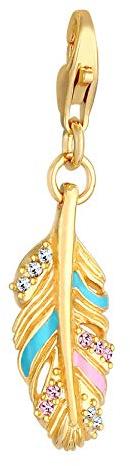 Feder Charm Anhänger 925 Sterling Silber vergoldet für Damen und Mädchen, Goldener Engelsfeder Symbol mit Glas Kristalle, Charms Anhänger passend für alle gängigen Charmträger und Bettelarmband