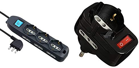 Electraline 62039 Multipresa 9 Posti con Cavo, Nero, 3 m & 70068 Adattatore con Interruttore, Spina Rotante, Nero