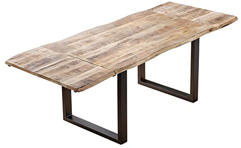 SAM Esstisch Noar 220(320) x100 cm Mangoholz ausziehbar U-Gestell schwarz | massiv, echte Baumkante, Baumkantentisch, mattschwarz, naturfarben lackiert, inkl. 2 Ansteckplatten