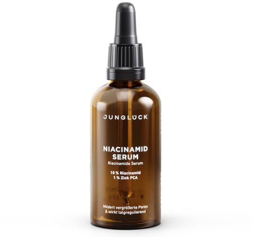 JUNGLÜCK Niacinamide Serum Hochdosiert - Anti Aging Serum - 10% Niacinamid und 1% Zink - Gesichtsserum gegen unreine Haut und Rötungen, Verfeinert Poren für ein klares Hautbild gegen Pickel & Mitesser