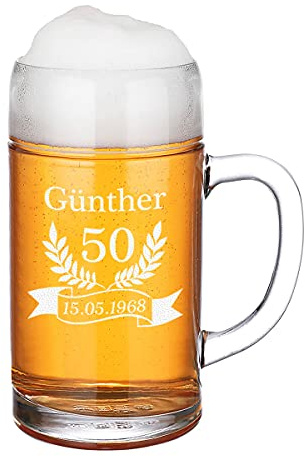 polar-effekt Bierkrug mit Wunschgravur - Maßkrug 1000 ml für Biertrinker - Oktoberfest und Bayern Klassiker - Weizenbierglas - für echte Männer - Geburtstag, Weihnachten - Motiv Jubiläum Ähren