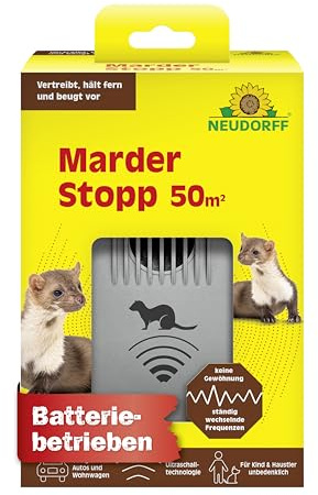 Neudorff MarderStopp 50m² - Vertreibt Marder sofort und dauerhaft aus Autos, Wohnwagen, Dachböden und Garagen. Anti Gewöhnungseffekt, batteriebetrieben, 1 Stück