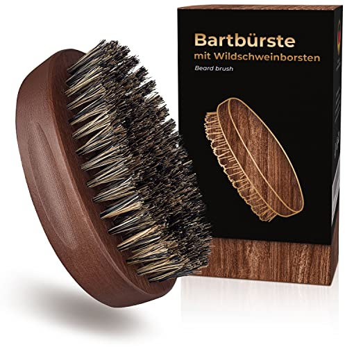 lampox Bartbürste mit Wildschweinborsten, Bart Bürste, oval, mittlere bis dicke Bartdicke, Buchenholz