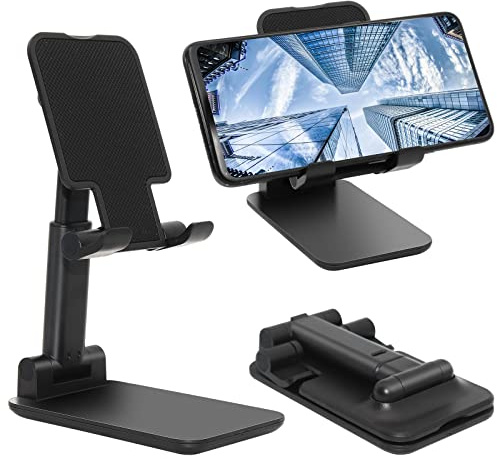 szwilnis Cell Phone Stand, Folding Desktop Phone Stand, Angle Height Adjustable Mobile Phone Holder for Desk, Office, Tablet Stand Compatible with All Phones 4-10 Inches Cell Phone/Tablet (Black) | Fully Foldable, Fits for All Under 6.5 Smartphones, Ideal for Home, Office & Travel Use