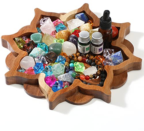 Vesici Lotus Crystal Tray for Stones Crystals and Healing Stones Flower Wooden Crystal Storage Holder Tray Lotus Shape Decorative Jewelry Display Trays Organizer Bowl Decor(Elegant)