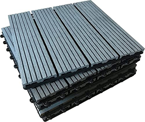 Composite Decking Tiles 4pk - Grey - Teak Patio Balcony Roof Terrace and Marquees - Hot Tub Deck Tile Flooring - Plastic Interlocking Deck - Outdoor All Weather Waterproof