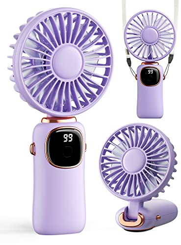 coldSky Portable Handheld Fan, 4000mAh Battery Operated 3 in 1 Multifunction Personal Travel Fans with Digital Display, 90° Foldable Desk Fan with Base, 5 Speed Lash Fan for Makeup/Commute/Office