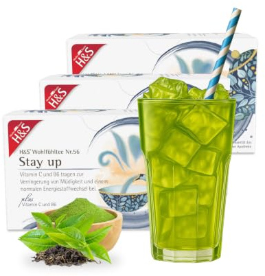 H&S Stay up mit Vitamin C und B6, 3 x 20 Beutel (à 1,5 g): Herb-süßer Tee mit Grüntee-Extrakt, Guarana, Acai und Curcuma, kombiniert mit Vitaminen