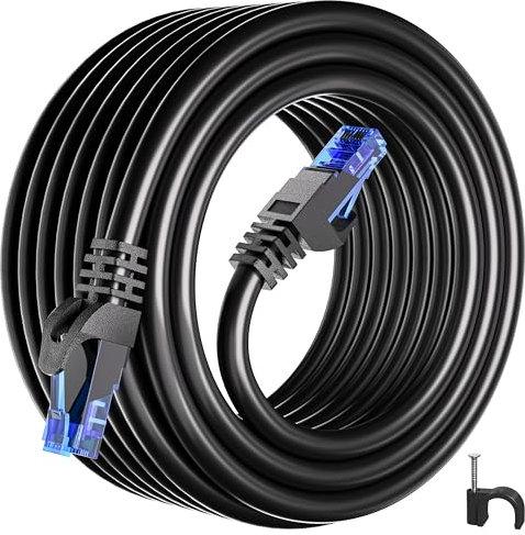 Cavo di rete Cat 6, 20 m, cavo LAN, lunghezza 20 m, RJ45, ad alta velocità, cavo Gigabit Ethernet Internet, nero, 10/100/1000 Mbit/s, cavo di installazione rotondo, per router switch modem (20 clip)