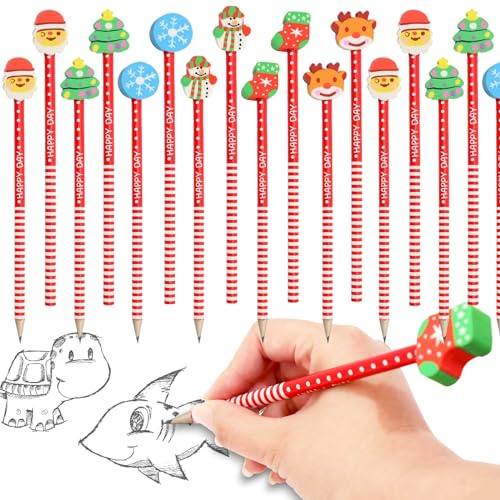 XAINGLONGY 40 Pezzi Matite di Natale Bambini, Matite di Natale in legno per Cartoni Animati, con Gomma, Adatte per Regali di Natalizie, Sacchetti Regalo