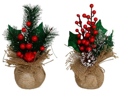 Tradineur - Pack de 2 ramilletes de Acebo en Maceta de Yute, plástico, decoración Festiva, Adornos Navidad, sobremesa, estanterías, 23 x 8 cm