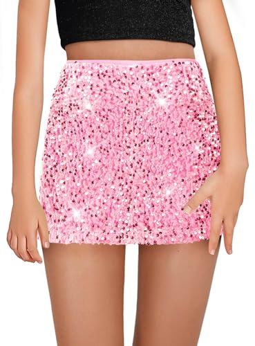 Haloumoning Girls Sequin Skirt High Waisted Mini Skirts Sparkle Glitter Party Skirts 5-14 Years Pink