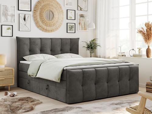 MKS MEBLE King Boxspringbett 180x200 Mit Bettkasten und Matratze H4, Polsterbett Mit Matratze, Premium-11-King Grau Velvet