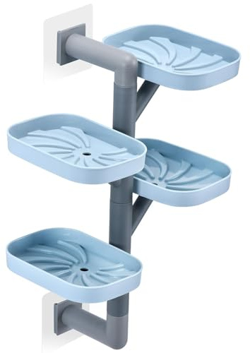 Soap Holder Four Layer Wall Mounted NO-Drilling Rotatable Self-draining Removable Soap Dish for Shower Bathroom Tray,Self Draining Sponge Holder,Razor Holder (Blue/Gray)