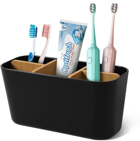 Votoko Zahnbürstenhalter, Kunststoff Toothbrush Holder mit Bambus Trennwänd, Zahnbürstenständer mit 4 Zahnbürstenfächer +1 Zahnpastafach, Elektrische Zahnbürste Organizer für Bad Büro Familie, Schwarz