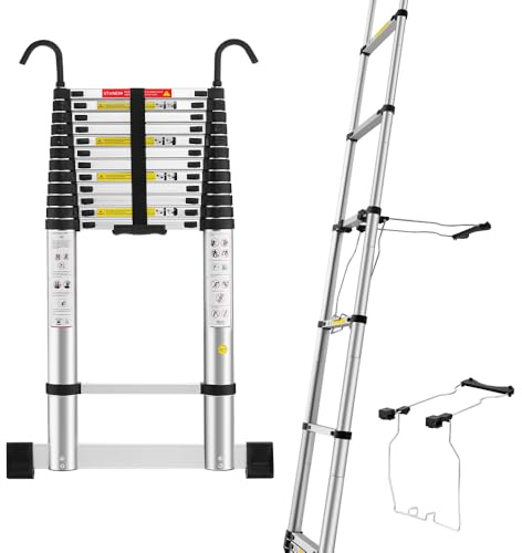 STANEW 5 M Teleskopleiter Aluminium mit Leiterstabilisator | Ausziehbare Leiter, Außenleiter, Klappleiter mit Stabilisator und 2 abnehmbaren Haken, EN131, Anti-Rutsch-Füße, 150 kg