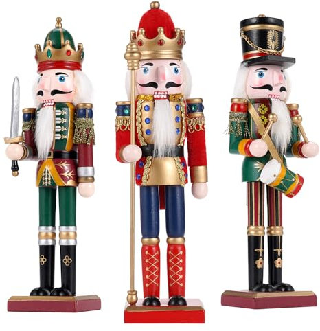 Tpudn 3pc Natale Schiaccianoci Soldato 30cm Legno Decorazioni Natalizie per Camino, Natale Figure Schiaccianoci Decorazioni Interne - Re, Drummer, Spadaccino