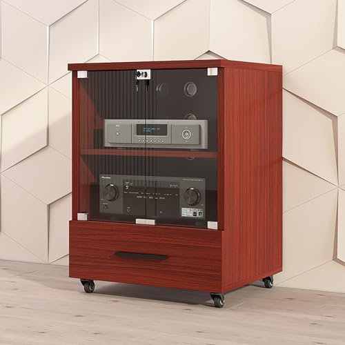 Vitrine mit Glastür，Doppelschicht plattenspieler schrank，Mit Aufbewahrungsschublade，Verstellbare Trennwand，tv-möbel & phonomöbel，Massivholz，Mit Universalrädern，Geeignet für Zuhause, Büro, Bar(Brown)
