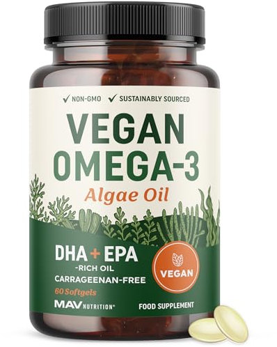 Vegan Omega 3 Algae Oil | Plant Based DHA EPA | Sustainably Sourced, No Carrageenan, Non GMO | Heart, Brain, and Eye Health | Fish Oil Alternative | Algae Omega 3 Supplement | 60 Softgel Capsules
