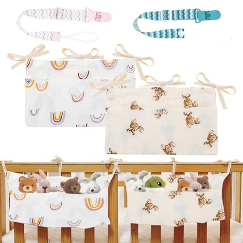 2 Stück Babybett Organizer Hängend, 2-in-1 Kinderzimmer Aufbewahrungstasche aus Baumwollstoff, verstellbar, waschbar, mit großem Fassungsvermögen für Windeln und Accessoires