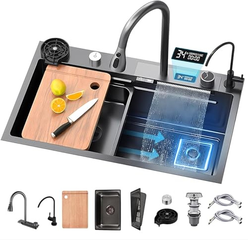 ATHOMASM Fregadero De Cocina Grande 80x45cm De Acero Inoxidable, Con Grifo Extraíble, Lavavasos, Accesorios Y Pantalla De Temperatura - Fregadero Multifuncional De Gran Capacidad Para Cocina Moderna