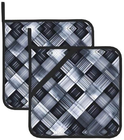 HYTTER Set di 2 presine per la rimozione del coperchio della cucina, spesso, resistente, isolamento antiscottatura, 20,3 x 20,3 cm, immagine in tessuto a scacchi grigio e bianco