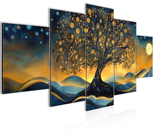 Runa Art Wandbilder Baum des Lebens 5 Teilig Bild auf Vlies Leinwand Deko Wohnzimmer Schlafzimmer Abstrakt Orange Blau 054553a
