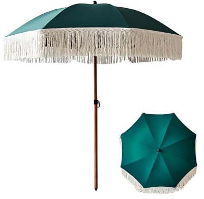 Boho-Strandschirm 180cm mit Fransen, UV-beständiger Pools Sonnenschirm mit Höhenverstellung und 8 Verstärkungsrippen für Garten, Terrasse