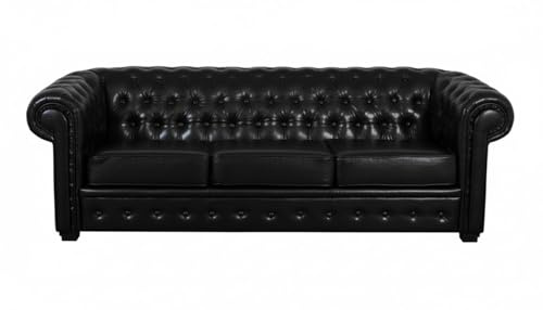 RestNest Chesterfield Sofa 3 Seater, Black Leather Settee, Scroll Arms