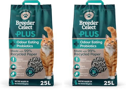 Breeder Celect Plus All-Natural Cat Litter with Odour-Eating Probiotics (25L) – 99% Recycled Paper, Highly Absorbent Litter/Bedding, Soft & Safe for Kittens, Non-Clumping, Biodegradable & Compostable